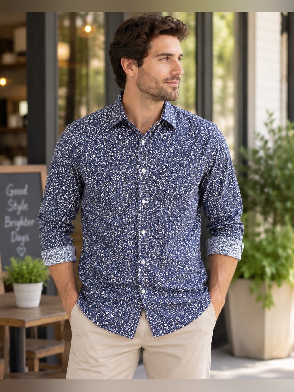 Kenneth Cole Men’s Medium Navy Blue White Printed Long Sleeve Button Up Shirt